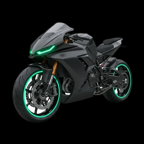 Modern black sport motorcycle with glowing neon green lights JPG Image