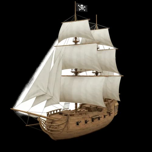 Wooden pirate ship with white sails on the ocean JPG Image