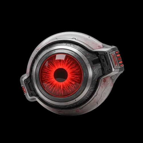 Futuristic robotic eye with glowing red lens JPG Image