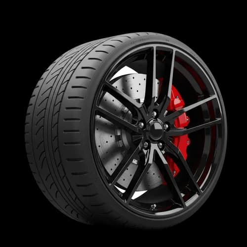 Modern black car wheel with red brake caliper JPG Image