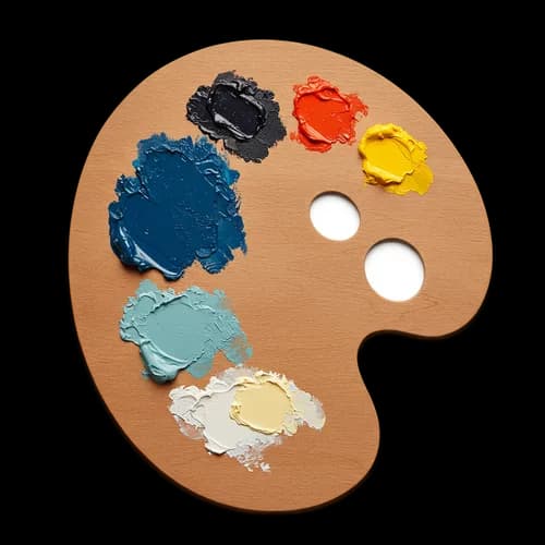 Wooden artist paint palette with colorful oil paint blobs