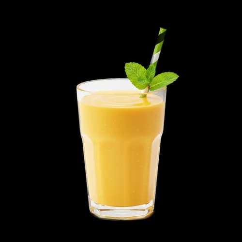 Fresh yellow mango smoothie in a tall glass with mint leaf