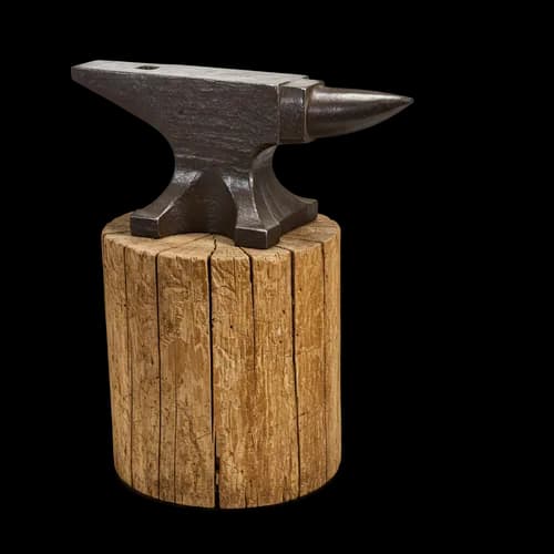 Heavy metal blacksmith anvil sitting on a round wooden block