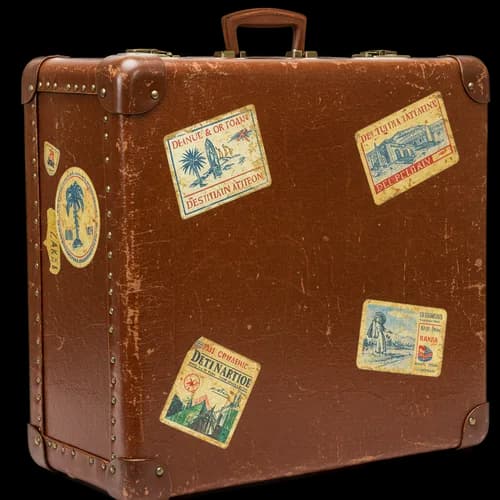 Vintage brown travel suitcase with old luggage stickers