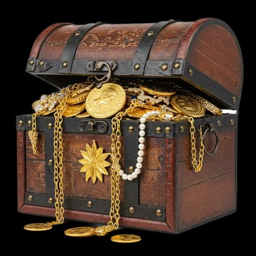 Old wooden treasure chest filled with gold coins and pearls
