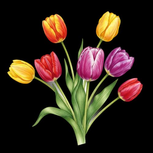 Colorful bouquet of fresh spring tulips with green leaves