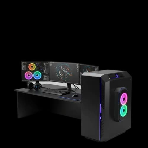 Gaming computer desk setup with monitors and rgb lights