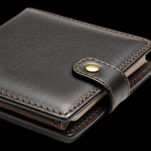 Black leather wallet with orange stitching and gold button