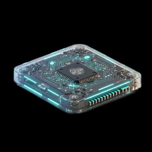 Modern electronic computer chip with glowing blue circuits