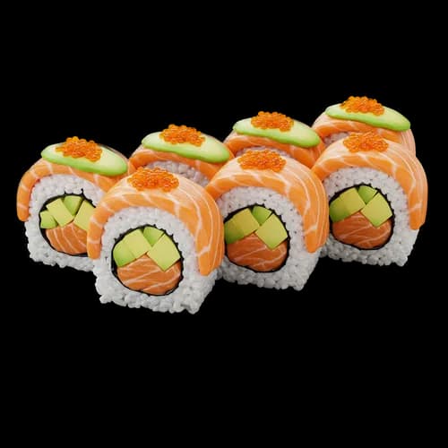 Fresh salmon and avocado sushi rolls with orange roe