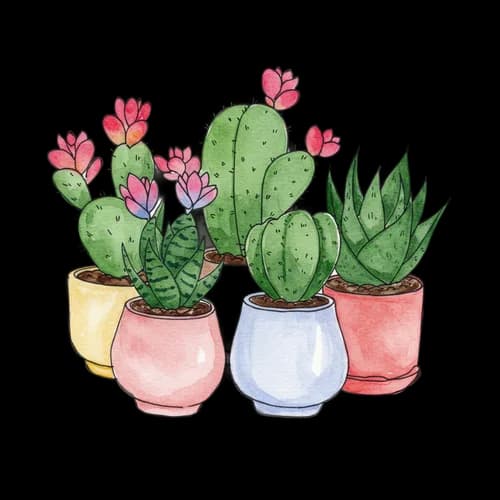 Watercolor collection of small cactus plants in colorful pots