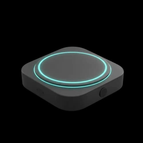 Black smart home hub with glowing blue light ring