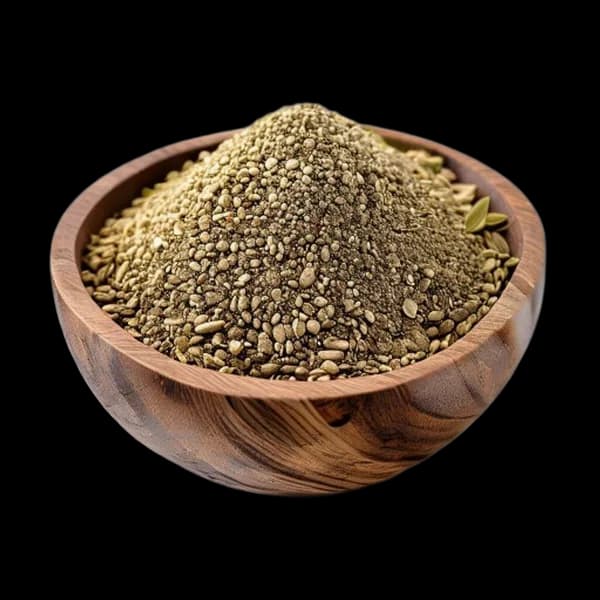 Biji dan Bubuk Fenugreek Ultra Realistis dalam Mangkuk Kayu