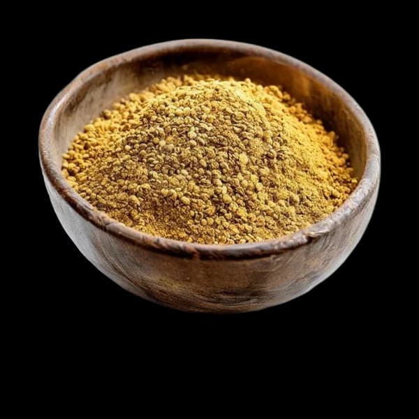 113. Ultra Realistic Mustard Seed Whole Form And Ground Powder Displayed Togethe