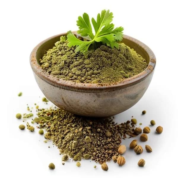 12. Ultra Realistic Coriander Seed Whole Form And Ground Powder Displayed Togeth