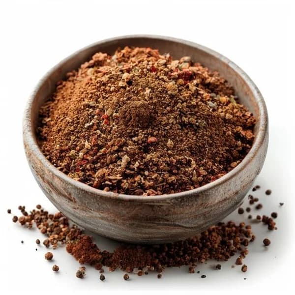 Sumac Ultra Realistico: Intero e Macinato in Ciotola Rustica, Sfondo Bianco Puro