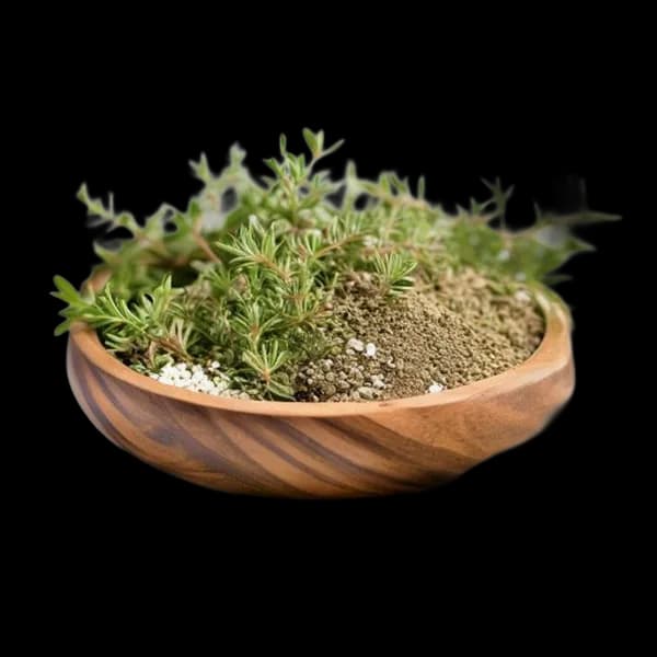 140. Ultra Realistic Thyme Whole Form And Ground Powder Displayed Together In Na