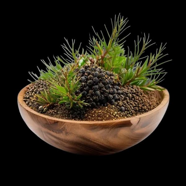 146. Ultra Realistic Juniper Berry Whole Form And Ground Powder Displayed Togeth