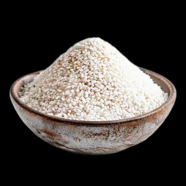 149. Ultra Realistic White Sesame Whole Form And Ground Powder Displayed Togethe
