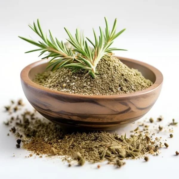 Rosemary Ultra Realistis: Utuh & Bubuk dalam Mangkuk Artisan (8K PNG)