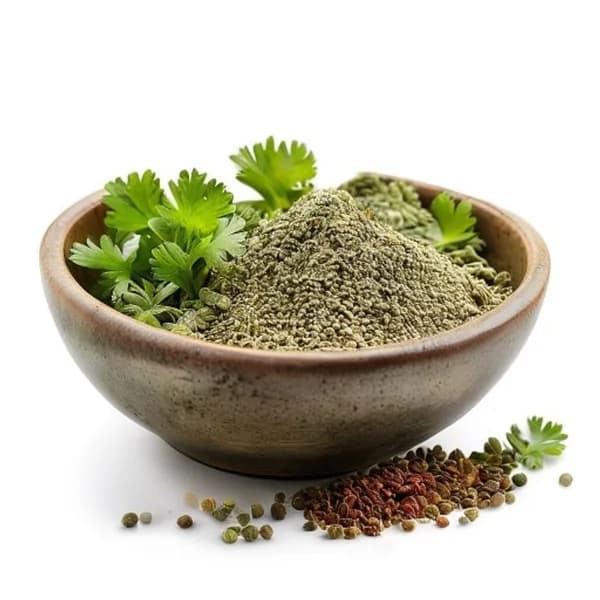 62. Ultra Realistic Coriander Seed Whole Form And Ground Powder Displayed Togeth