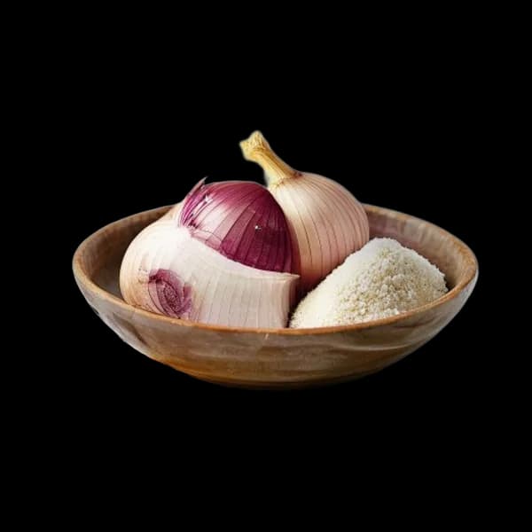 79. Ultra Realistic Onion Whole Form And Ground Powder Displayed Together In Art