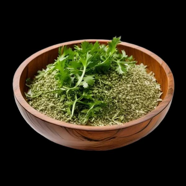 Clean Minimal Dried Parsley Whole And Powder Composition In Wooden Bowl Front Vi