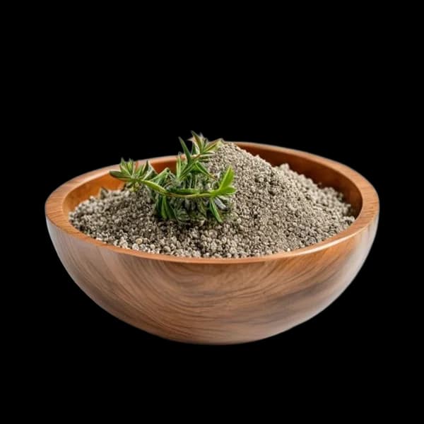 Clean Minimal Thyme Whole And Powder Composition In Wooden Bowl Front View Side
