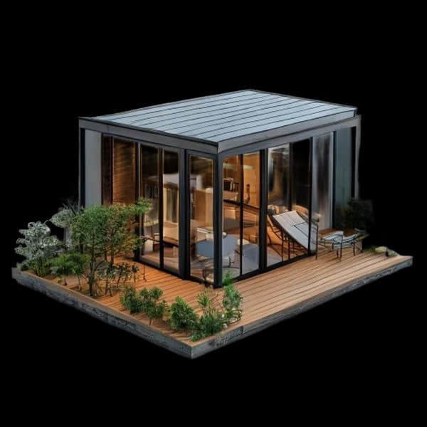 Detailed 3D Model Of An Isometric Modern Eco-Cabin, Glass Walls, Wooden Deck, Sm