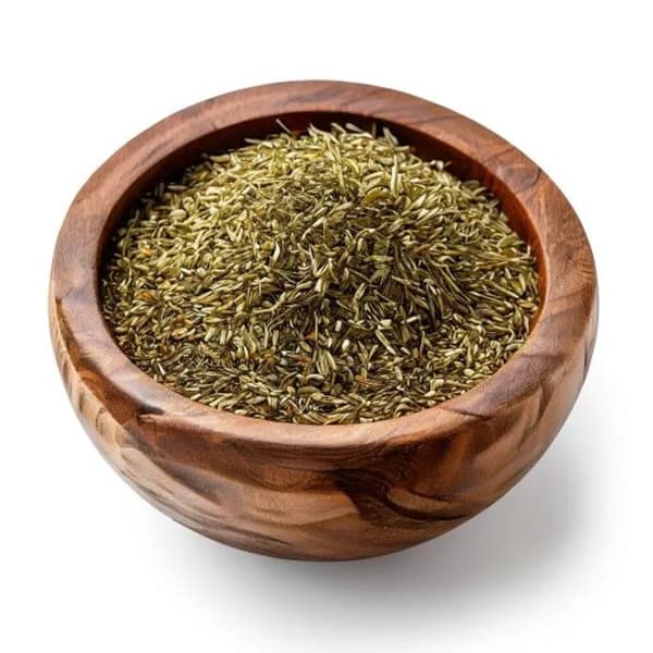 Export Quality Dill Seed Whole Spice And Fine Powder In Wooden Bowl Macro Textur