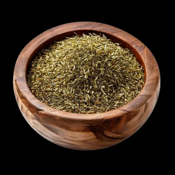 Export Quality Dill Seed Whole Spice And Fine Powder In Wooden Bowl Macro Textur