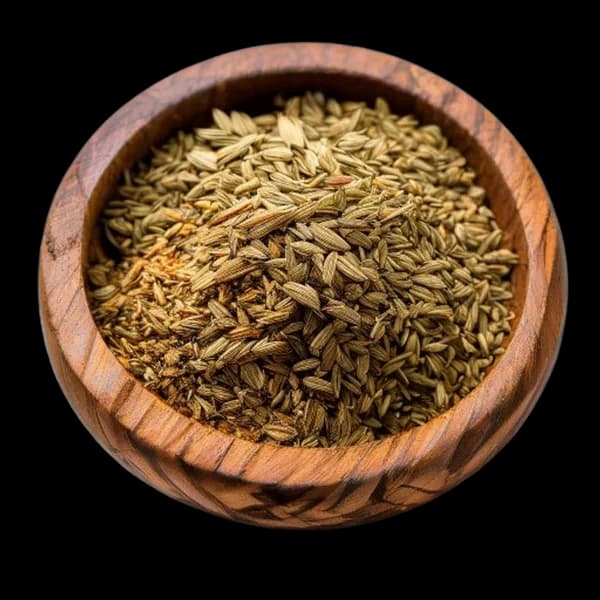 Export Quality Fennel Seed Whole Spice And Fine Powder In Wooden Bowl Macro Text