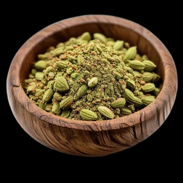 রপ্তানি মানের সবুজ এলাচ গোটা মসলা এবং মিহি গুঁড়ো কাঠের বাটিতে ম্যাক্রো 8K