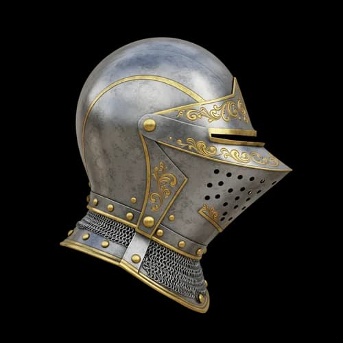 Old metal knight helmet with gold trim decoration