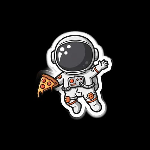 Pixel art astronaut floating in space holding a pizza slice