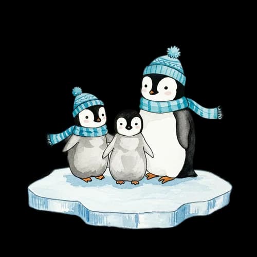 Cute penguin family wearing blue winter hats and scarves JPG Image