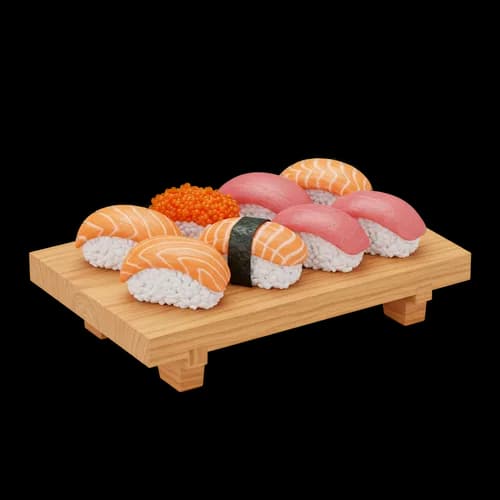 Fresh sushi nigiri set served on a wooden board