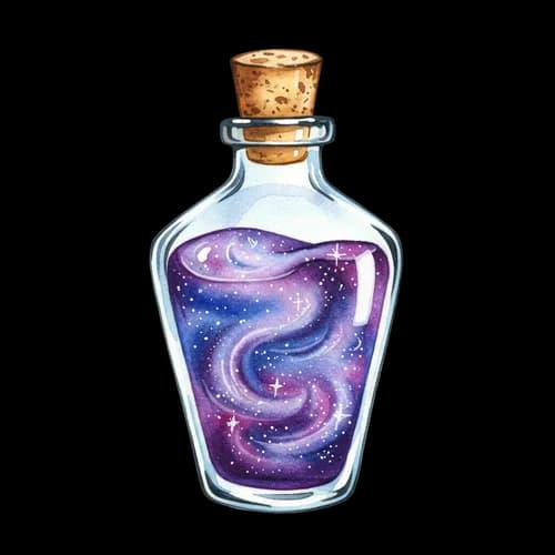 Glass bottle with magic purple galaxy potion and cork stopper