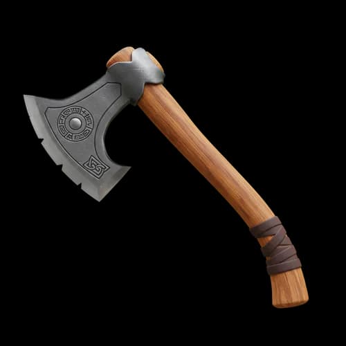 Old viking axe with a wooden handle and engraved metal blade