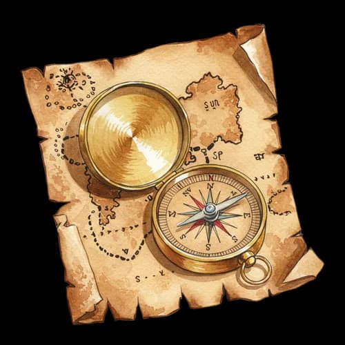 Vintage brass compass on an old aged paper map