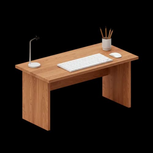 Modern wooden desk with computer keyboard and desk lamp