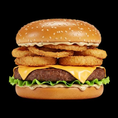 Delicious beef burger with onion rings and melted cheese