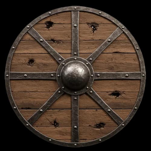 Old rustic wooden viking round shield with iron metal frame
