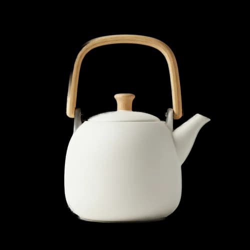 Modern white ceramic teapot with a wooden handle