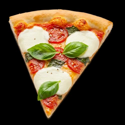 Fresh delicious margherita pizza slice with basil and cheese