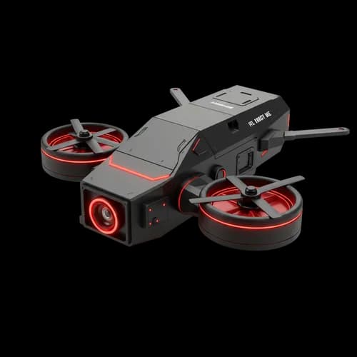 Black and red futuristic drone flying in the air