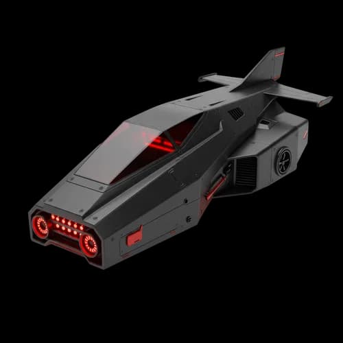 Futuristic black spaceship with red glowing engine lights