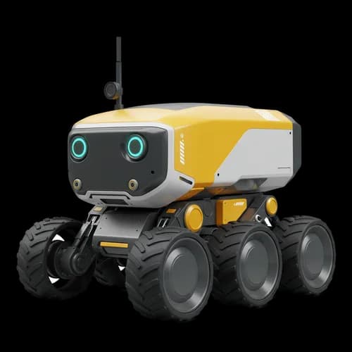 Small yellow autonomous rover robot with six wheels
