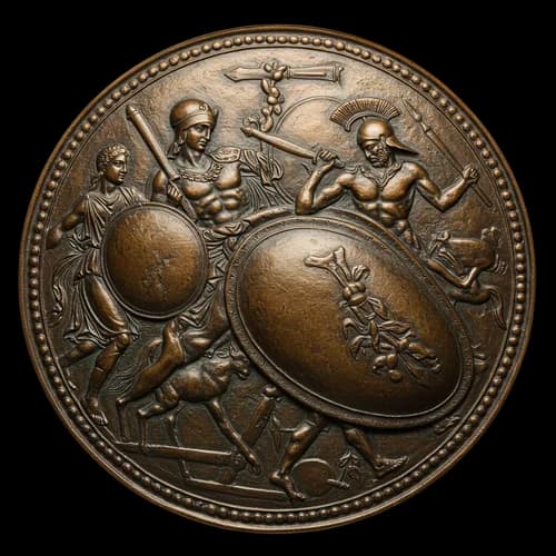 Ancient bronze medal with embossed battle scene design