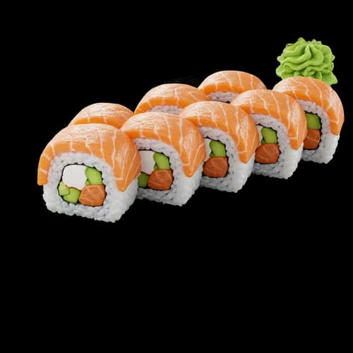 Fresh salmon sushi rolls with cucumber and wasabi
